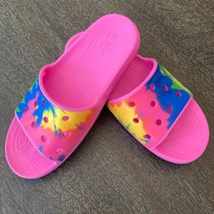 Crocs tie-dyed pink slides, size 9.